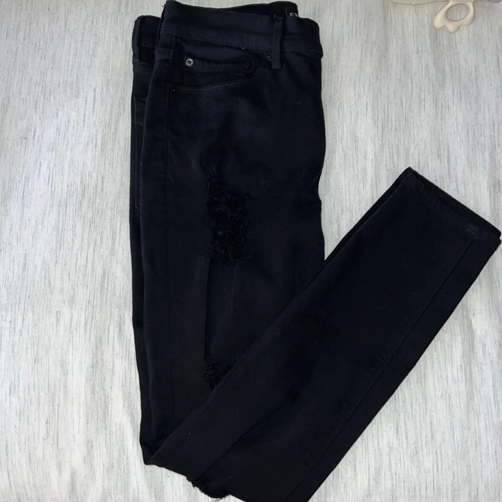 Express Mid Rise Black Ripped Jean Leggings - Picture 4 of 11